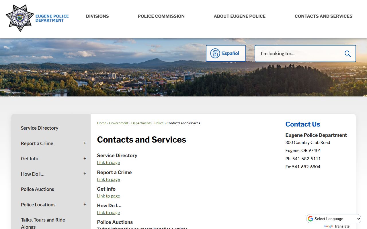 Eugene Police contacts and services for Eugene jail mugshot inquiries