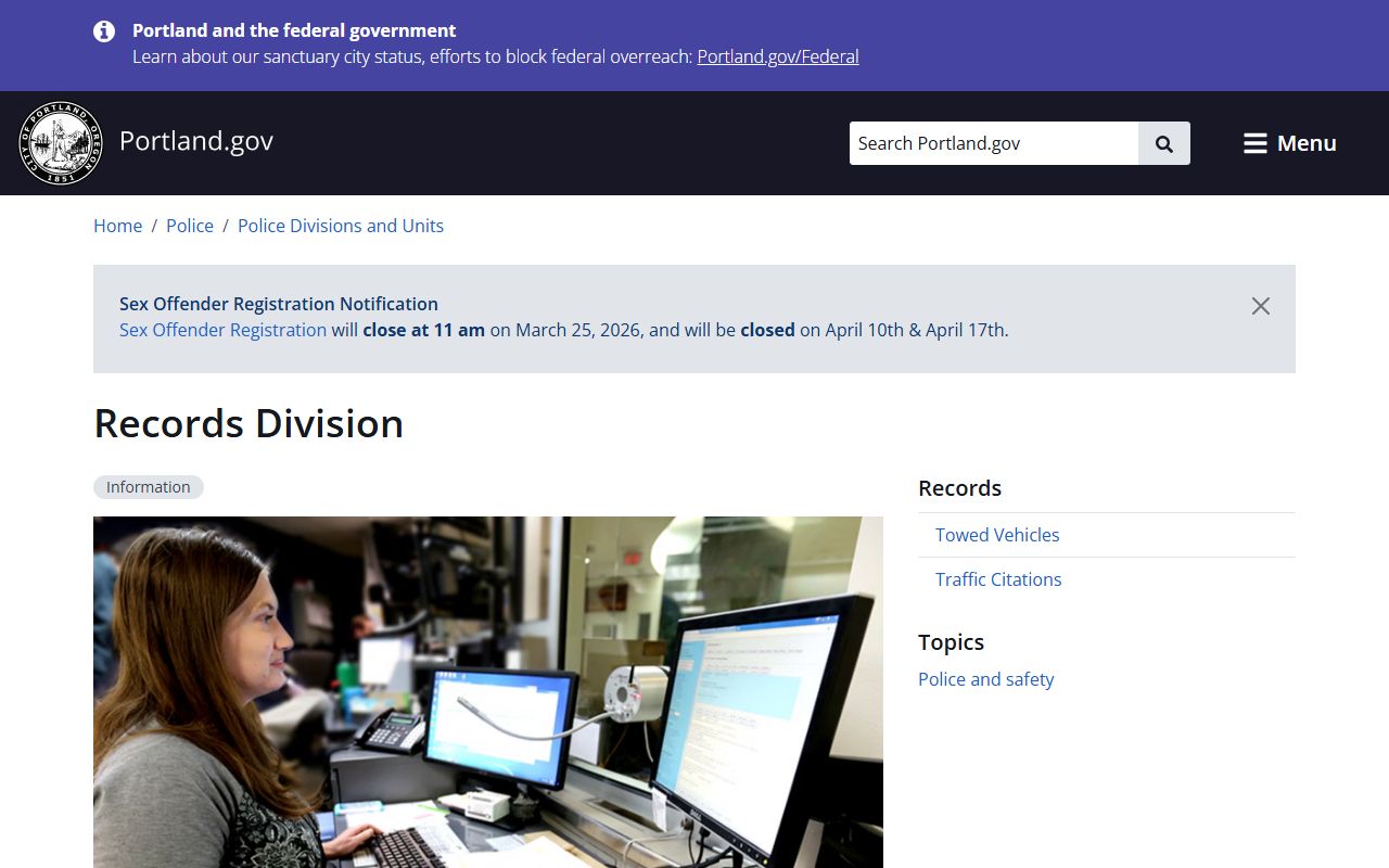 Portland Police records division page for Portland jail mugshots requests