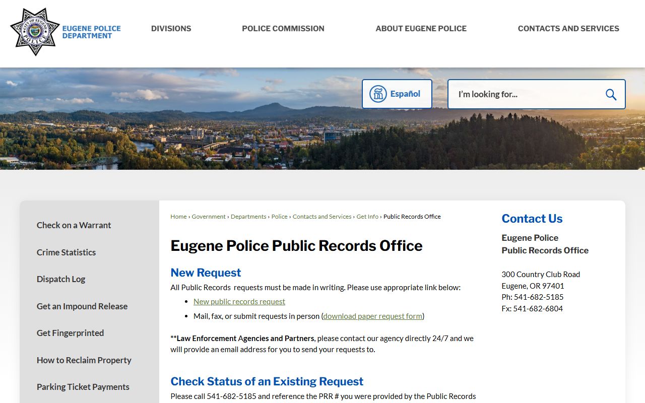 Eugene Police records request page for Eugene jail mugshots documentation