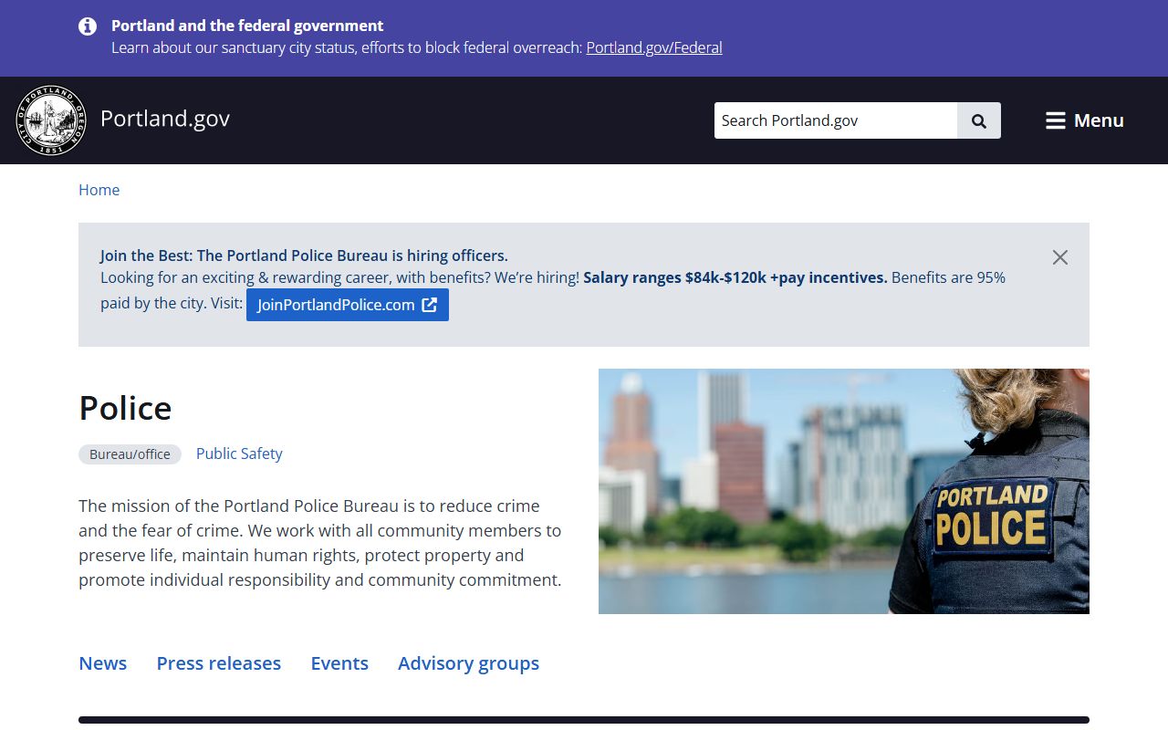 Portland Police Bureau website for Portland jail mugshots and arrest records