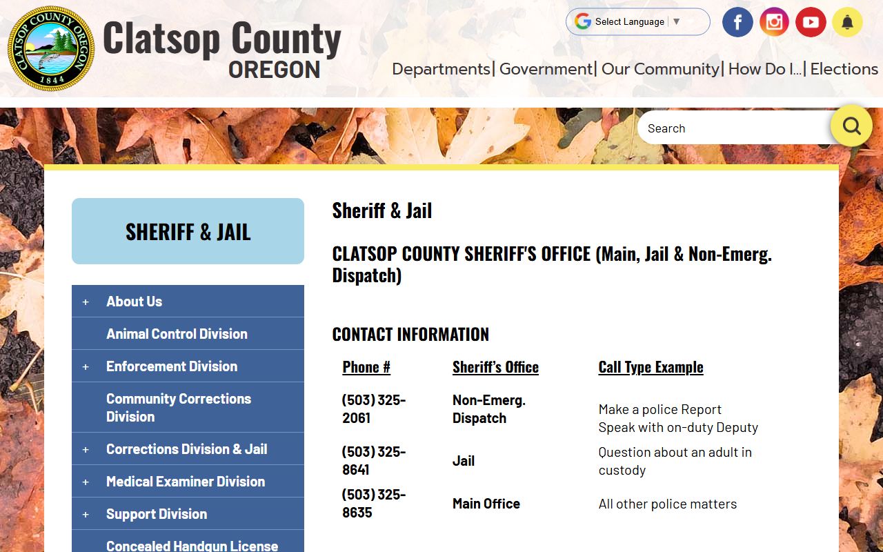 Clatsop County Sheriff's Office website for jail mugshots and inmate records