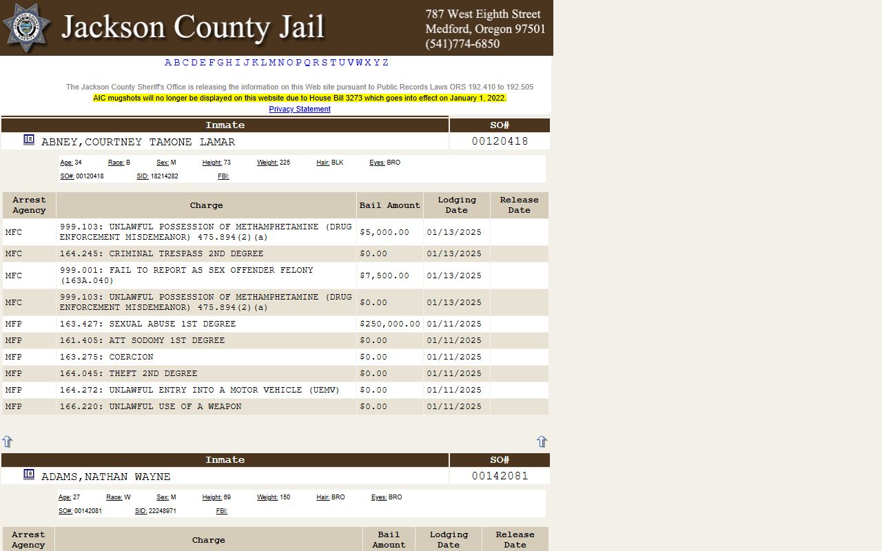 Jackson County jail inmate roster for mugshot and booking records