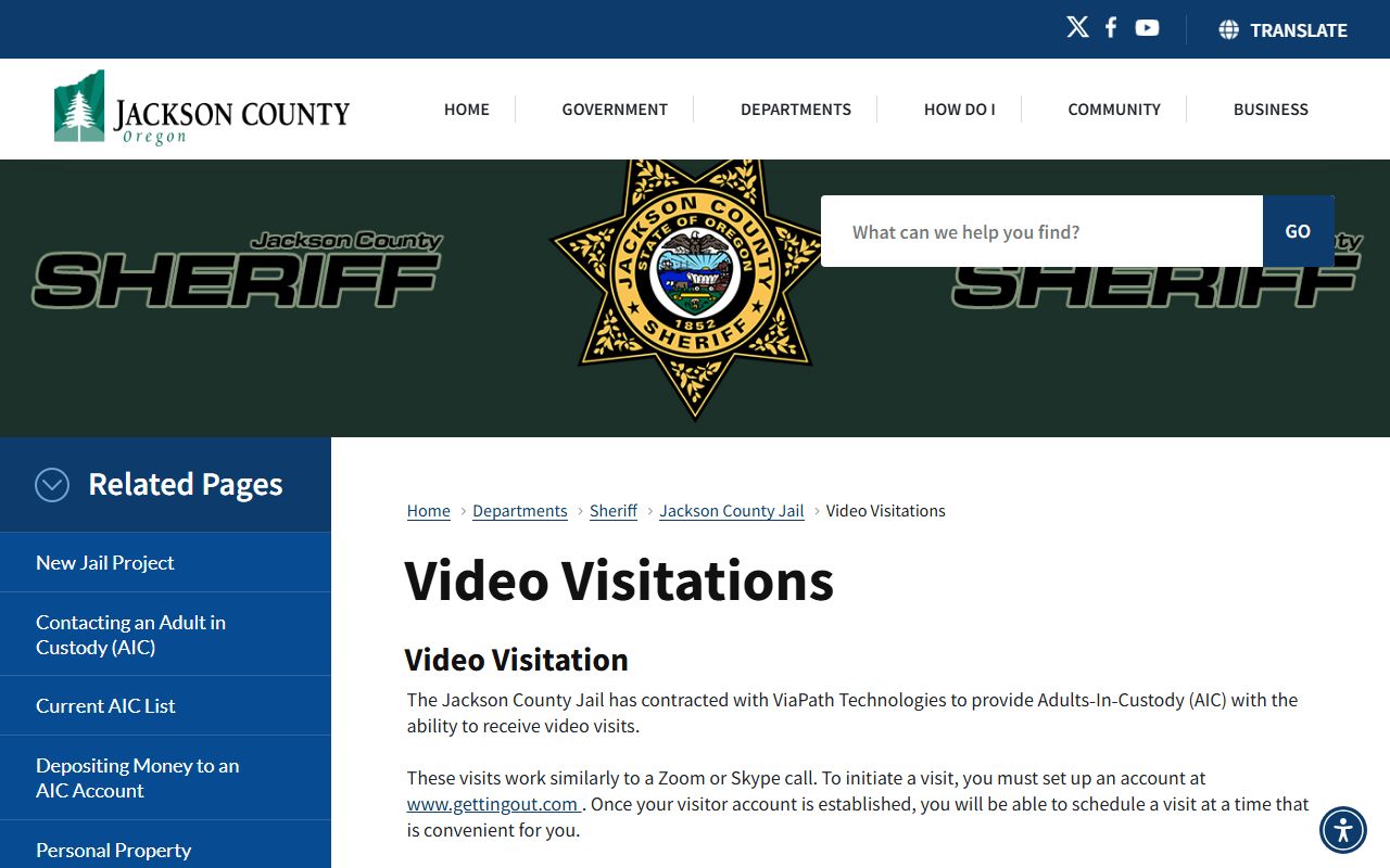 Jackson County jail resource for mugshots and inmate visitation records