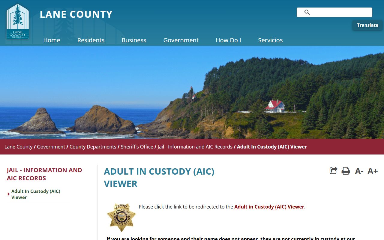 Lane County AIC Viewer inmate search tool for jail mugshots and booking records