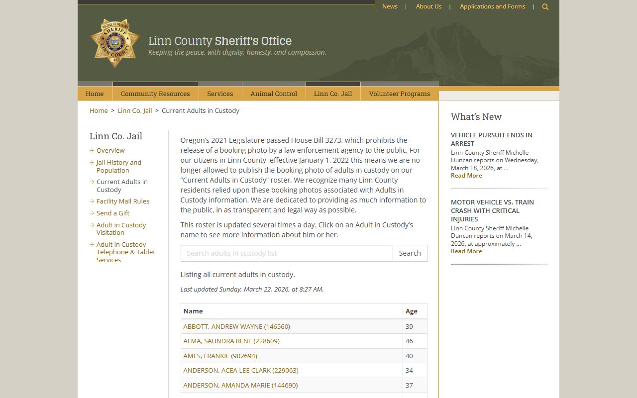 Linn County current inmates page for jail mugshots and booking records