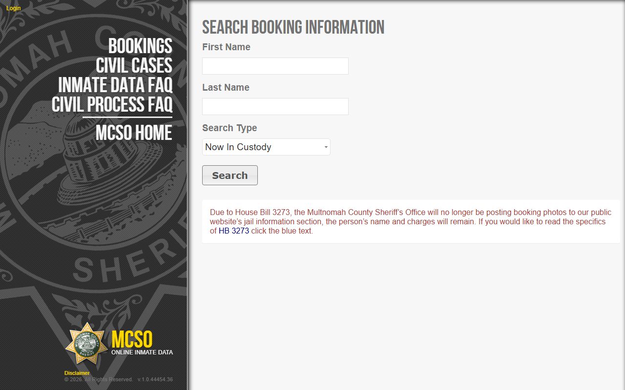 MCSO PAID inmate search tool for Multnomah County jail mugshots and booking records
