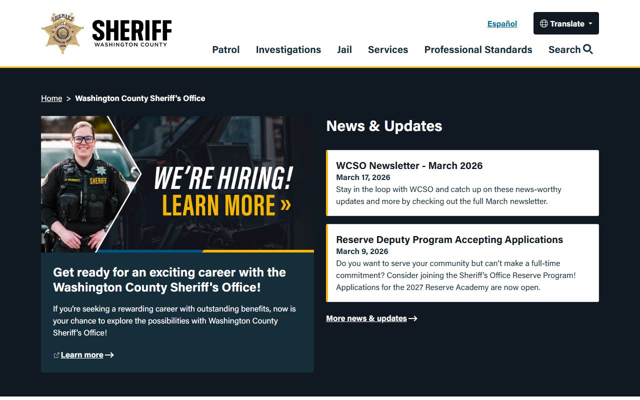 Washington County Sheriff's Office website for jail mugshots and booking records