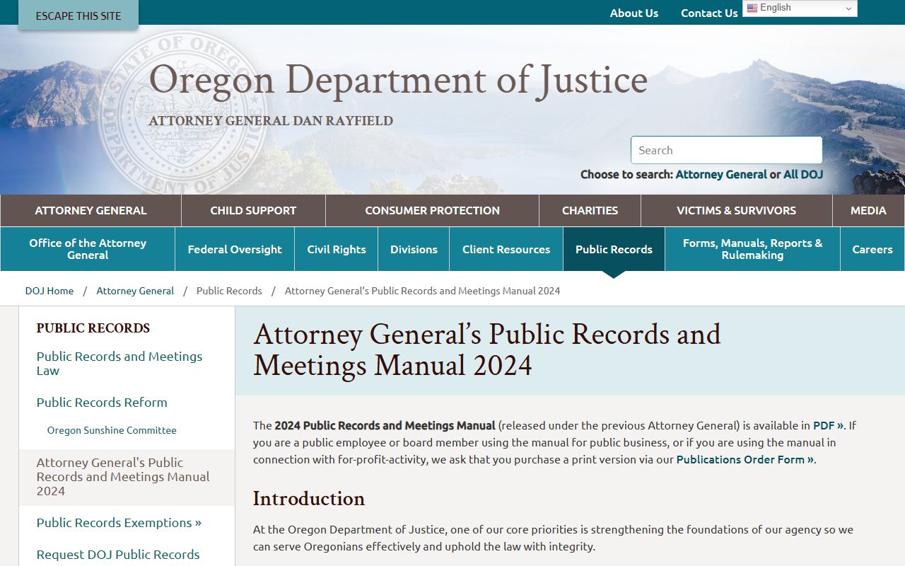 Oregon Attorney General public records manual for jail mugshots and booking records