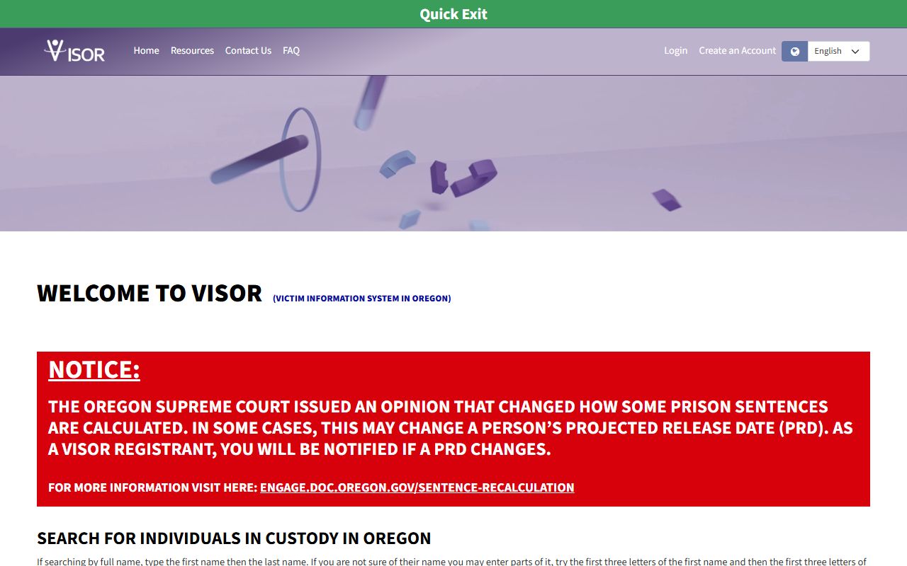 VISOR victim information system Oregon for inmate tracking and jail mugshots